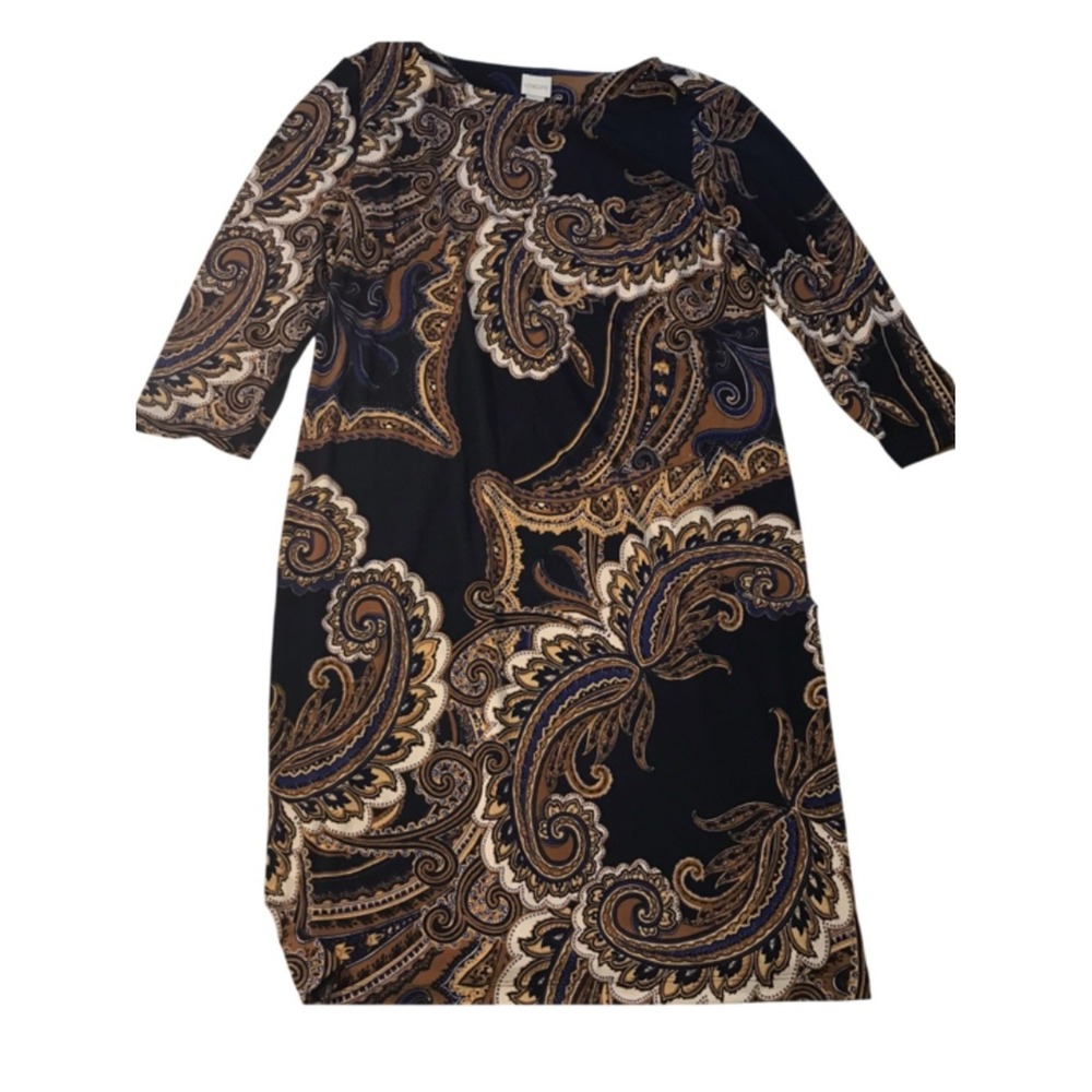 Chico's Paisley Dress with Camel and Navy Blue Accents Size 2W